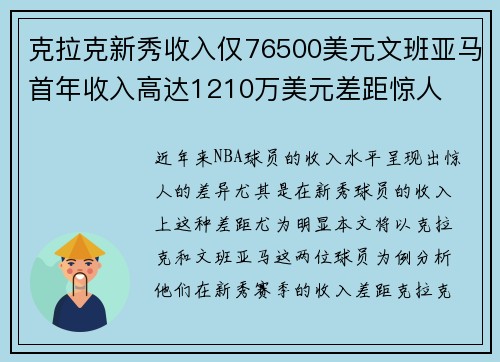 克拉克新秀收入仅76500美元文班亚马首年收入高达1210万美元差距惊人