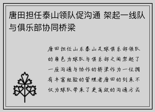 唐田担任泰山领队促沟通 架起一线队与俱乐部协同桥梁